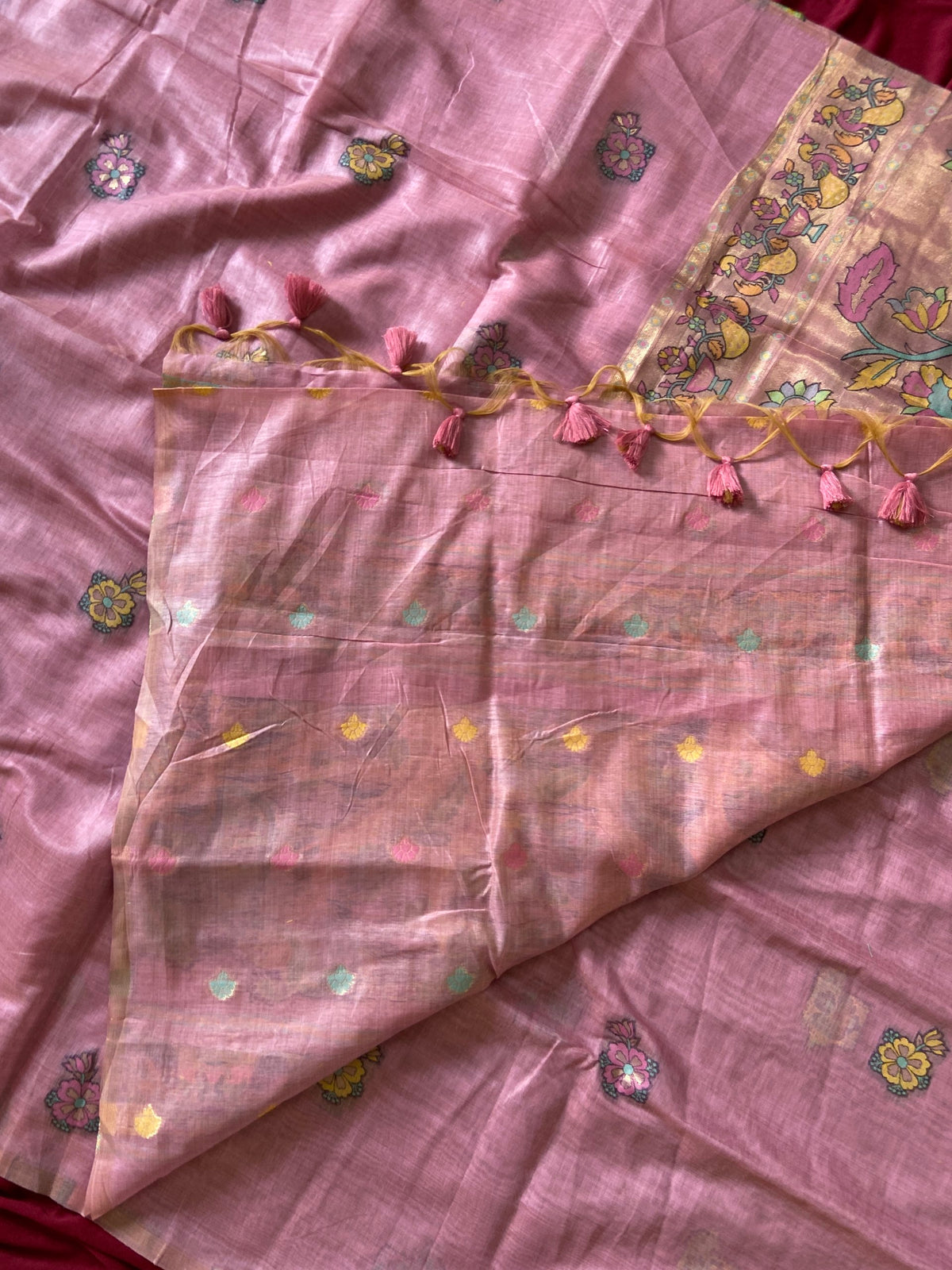 Baby Pink Muga Cotton Paithani Swan Pallu Saree, view 4
