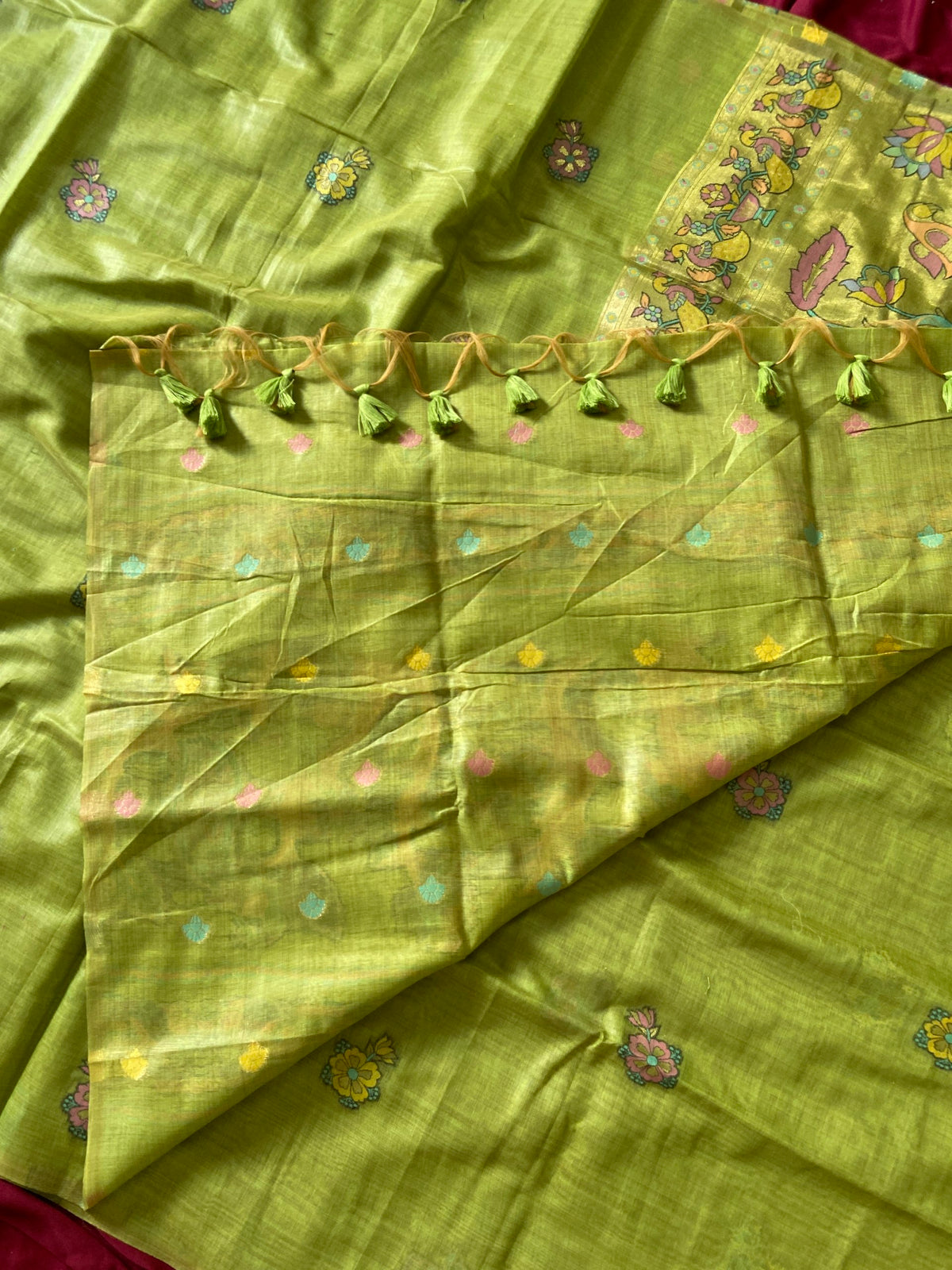 Parrot Green Muga Cotton Paithani Swan Pallu Saree, view 4