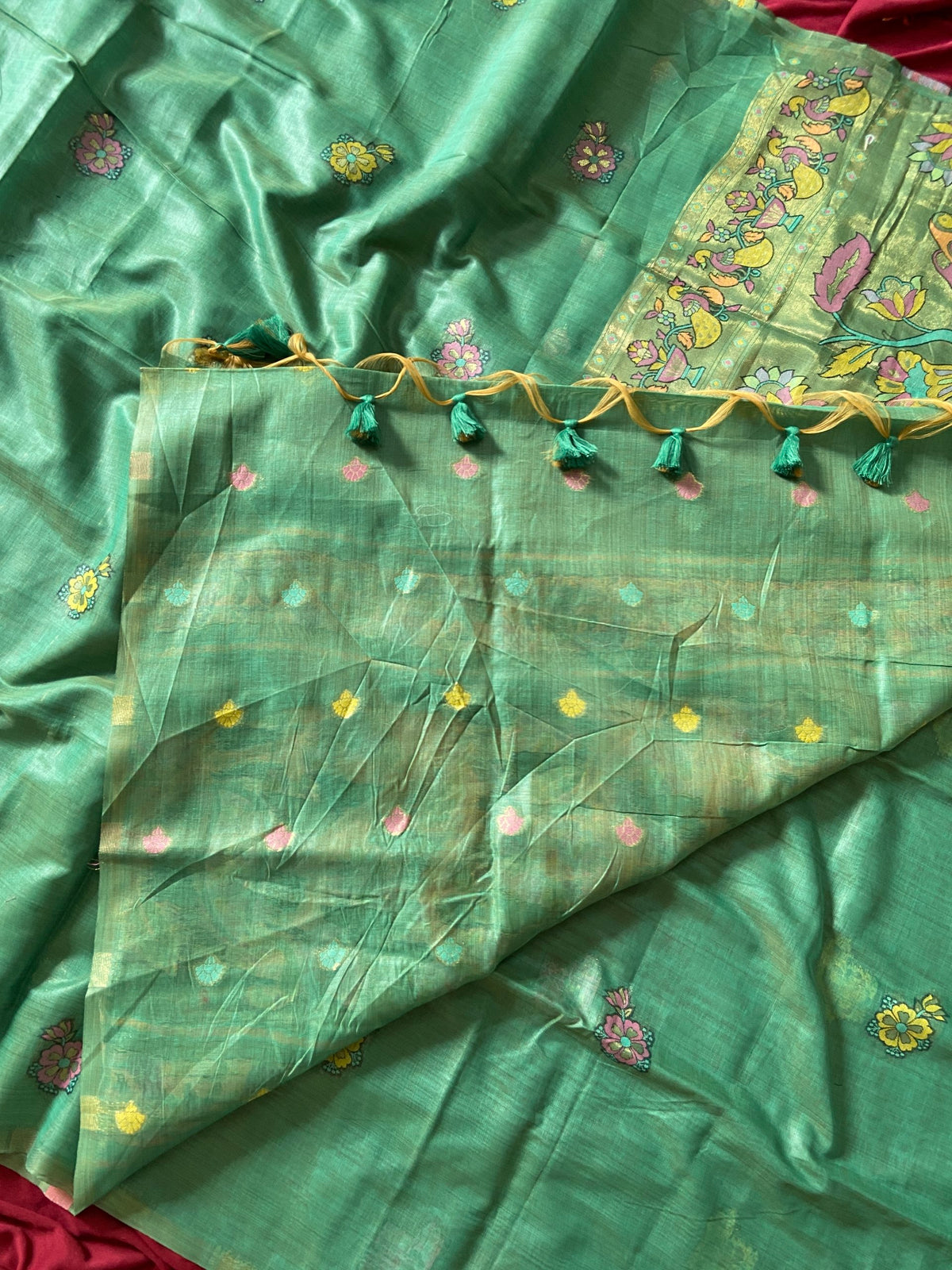 Sea Green Muga Cotton Paithani Swan Pallu Saree, view 4