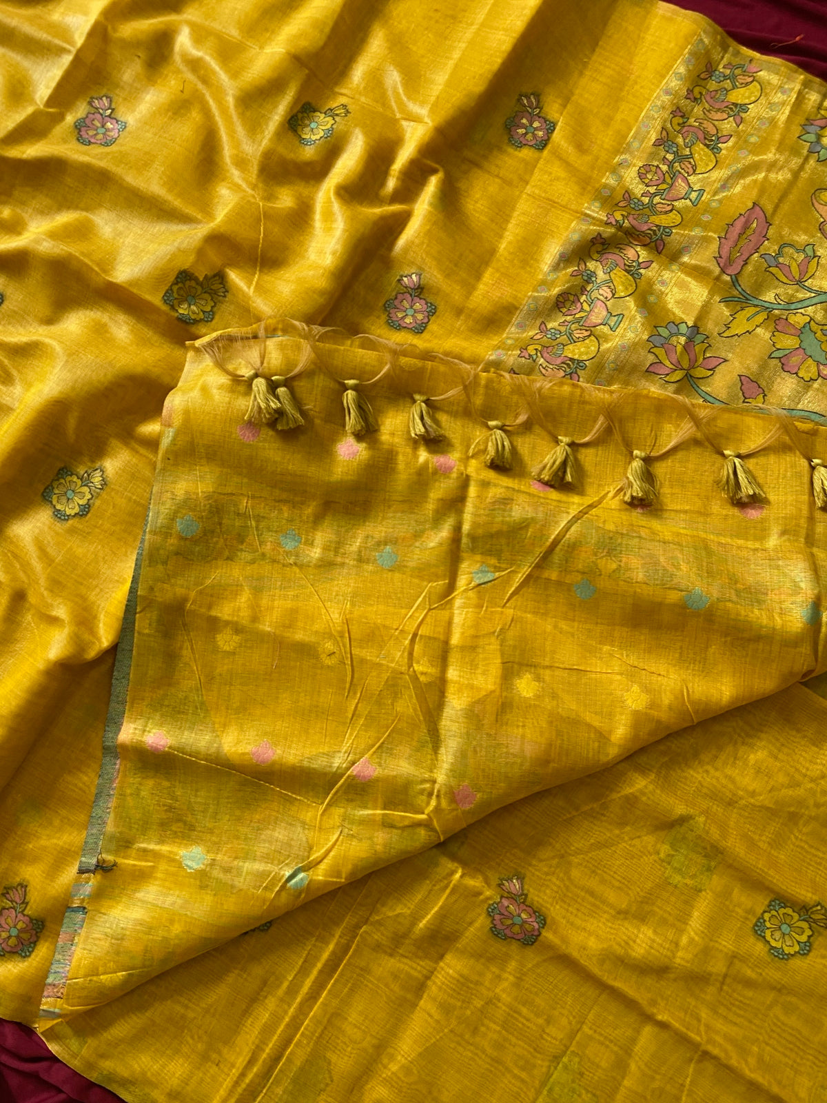 Mustard Muga Cotton Paithani Swan Pallu Saree, view 3