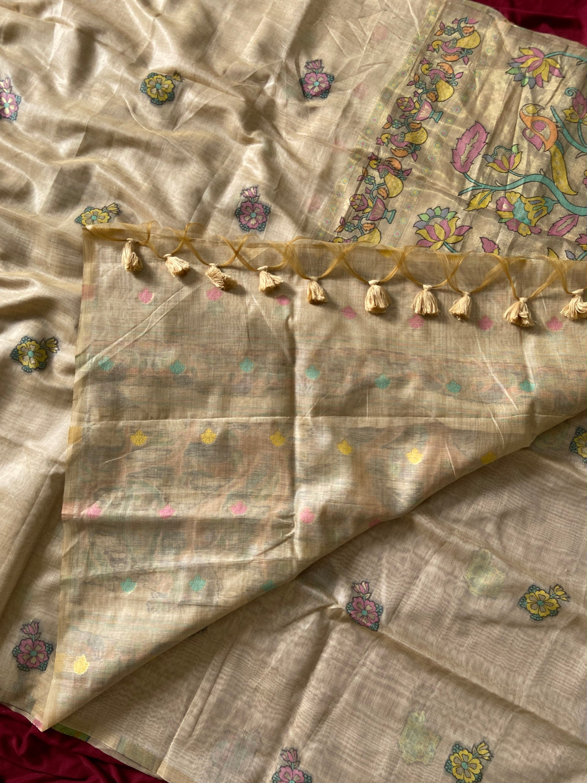 Beige Muga Cotton Paithani Swan Pallu Saree, view 4