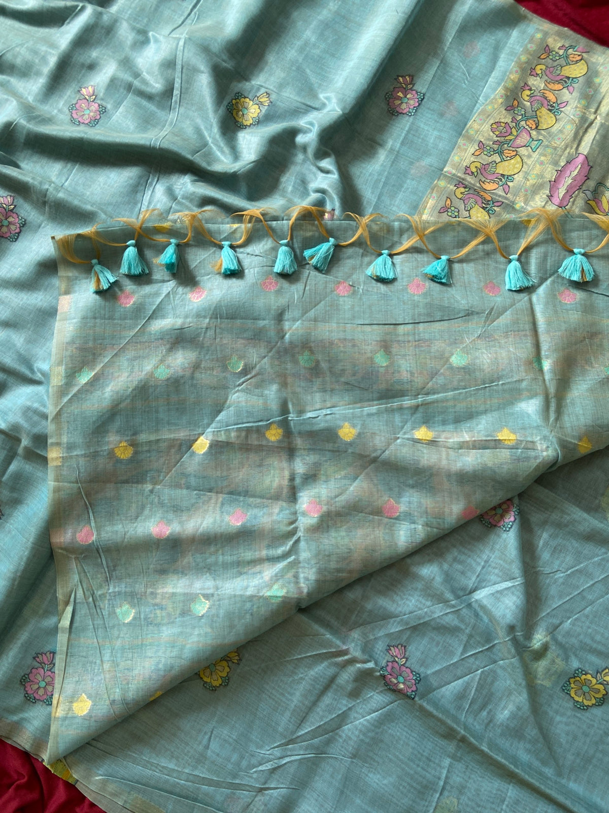 Sky Blue Muga Cotton Paithani Swan Pallu Saree, view 4