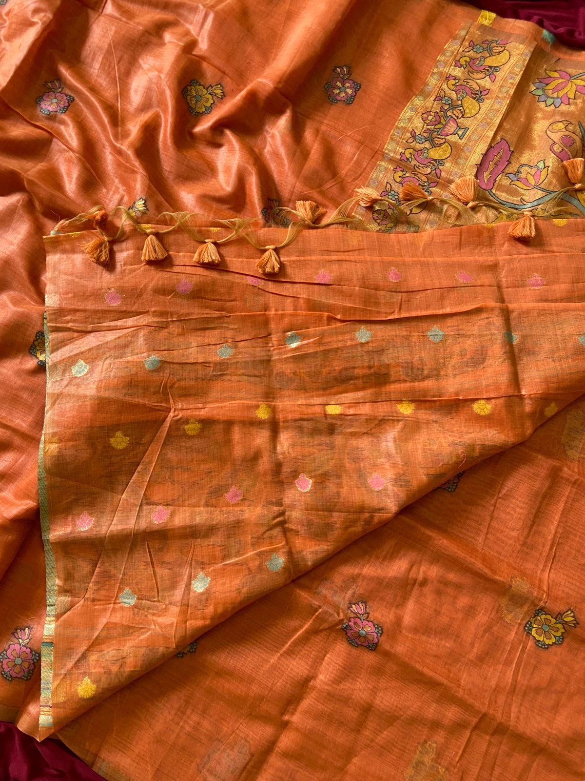 Orange Muga Cotton Paithani Swan Pallu Saree, view 4