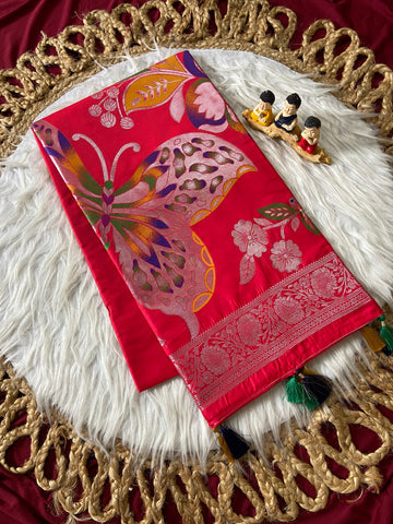 Red Soft Silk Butterfly Zari Saree