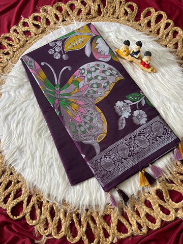Wine Purple Soft Silk Butterfly Zari Saree