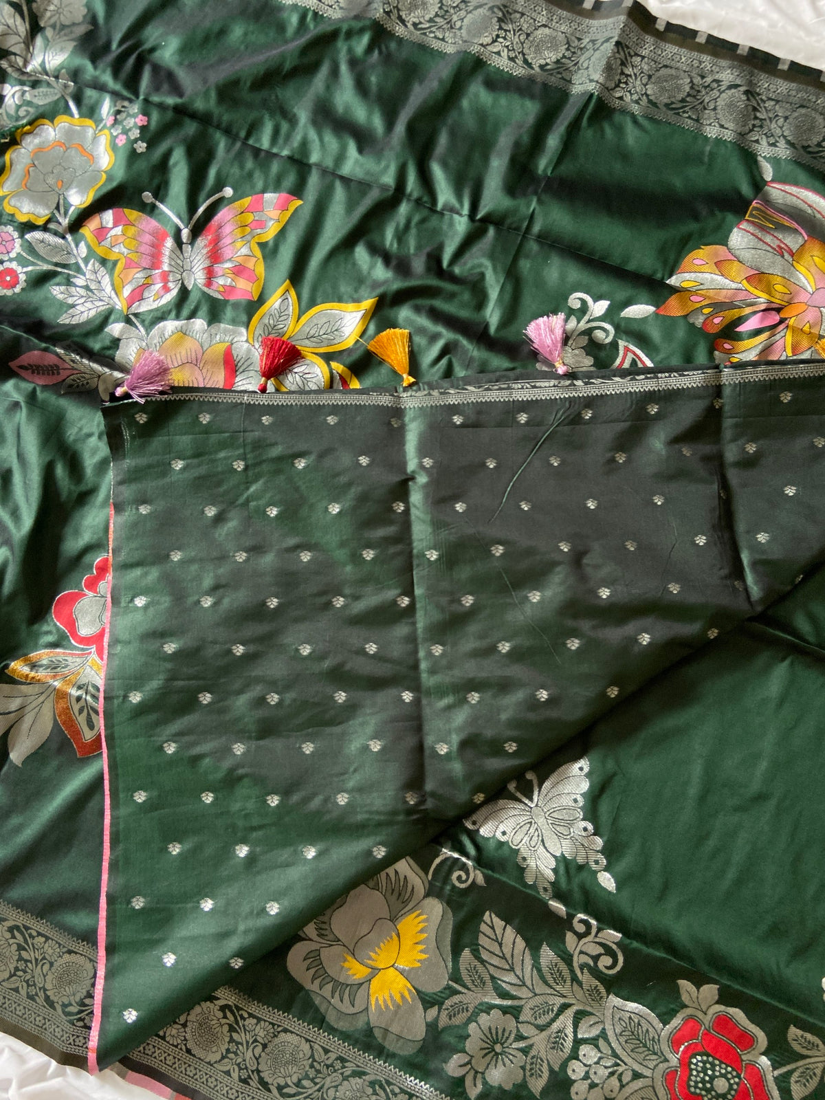 Bottle Green Soft Silk Butterfly Zari Saree, view 2
