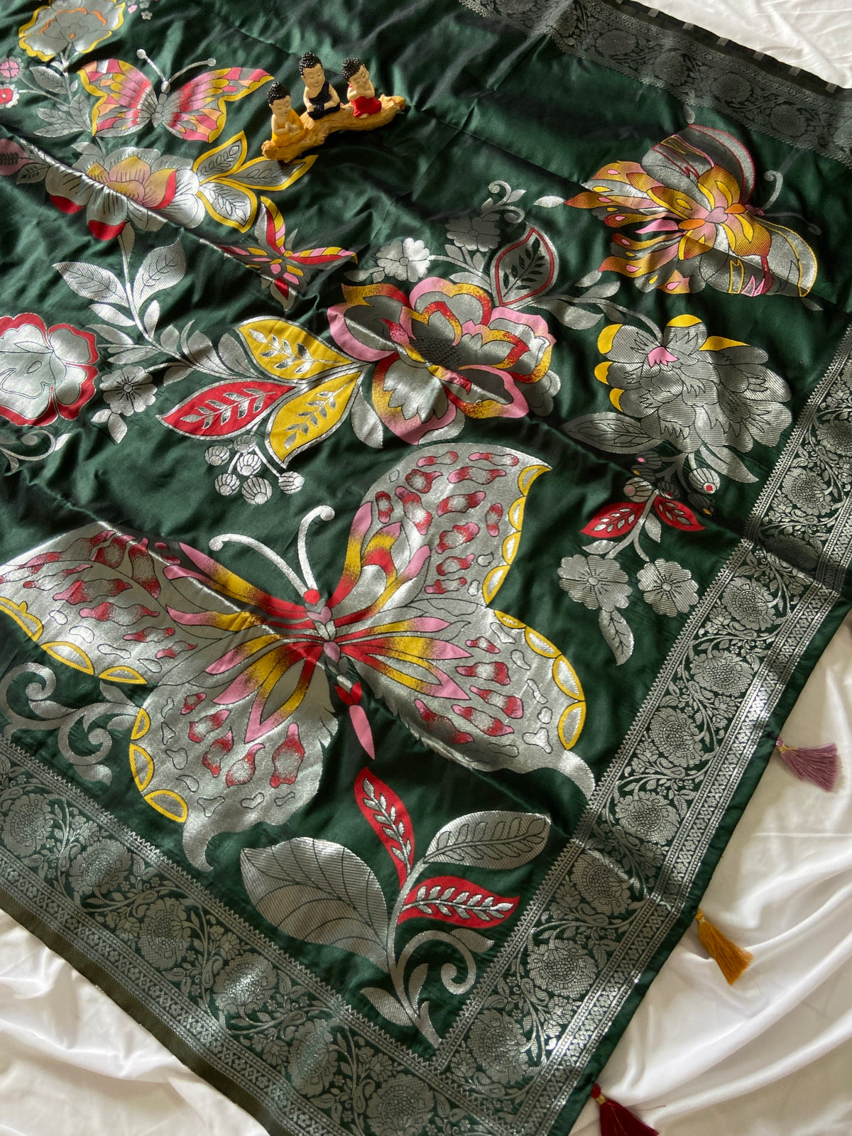 Bottle Green Soft Silk Butterfly Zari Saree, view 3