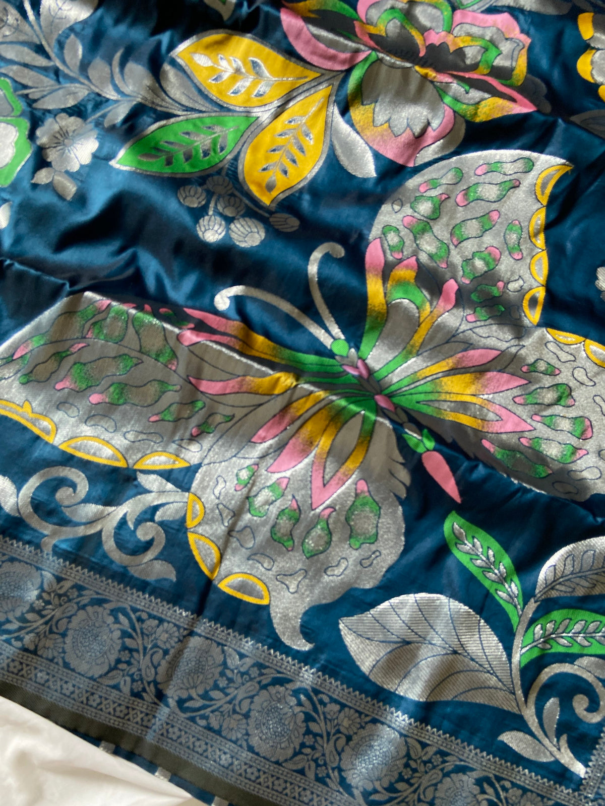 Teal Blue Soft Silk Butterfly Zari Saree, view 2