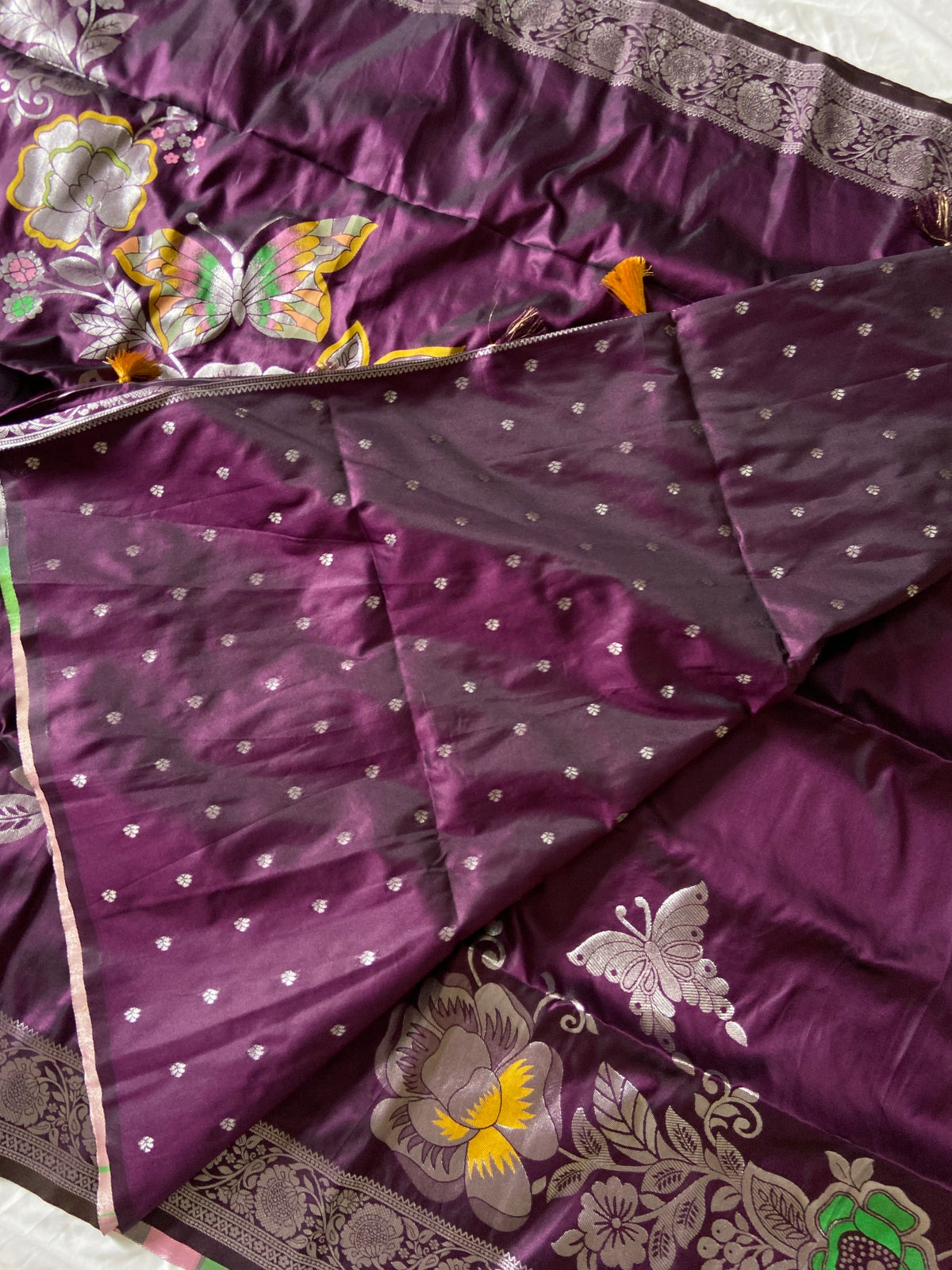 Wine Purple Soft Silk Butterfly Zari Saree, view 4