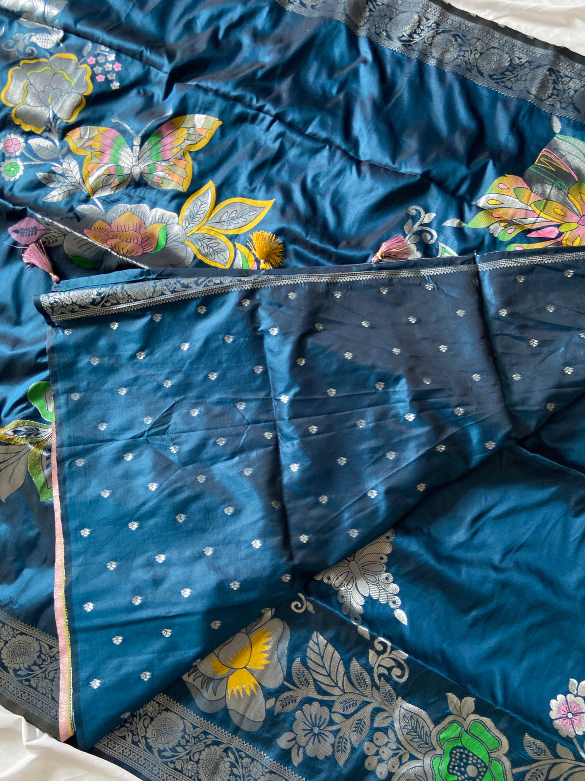 Teal Blue Soft Silk Butterfly Zari Saree, view 3