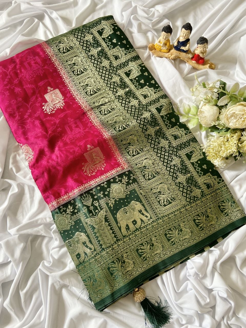 Rani Pink Banarasi Satin Silk Elephant Weave Saree