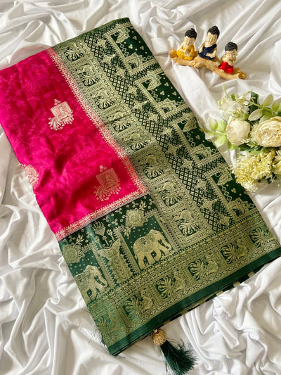 Rani Pink Banarasi Satin Silk Elephant Weave Saree