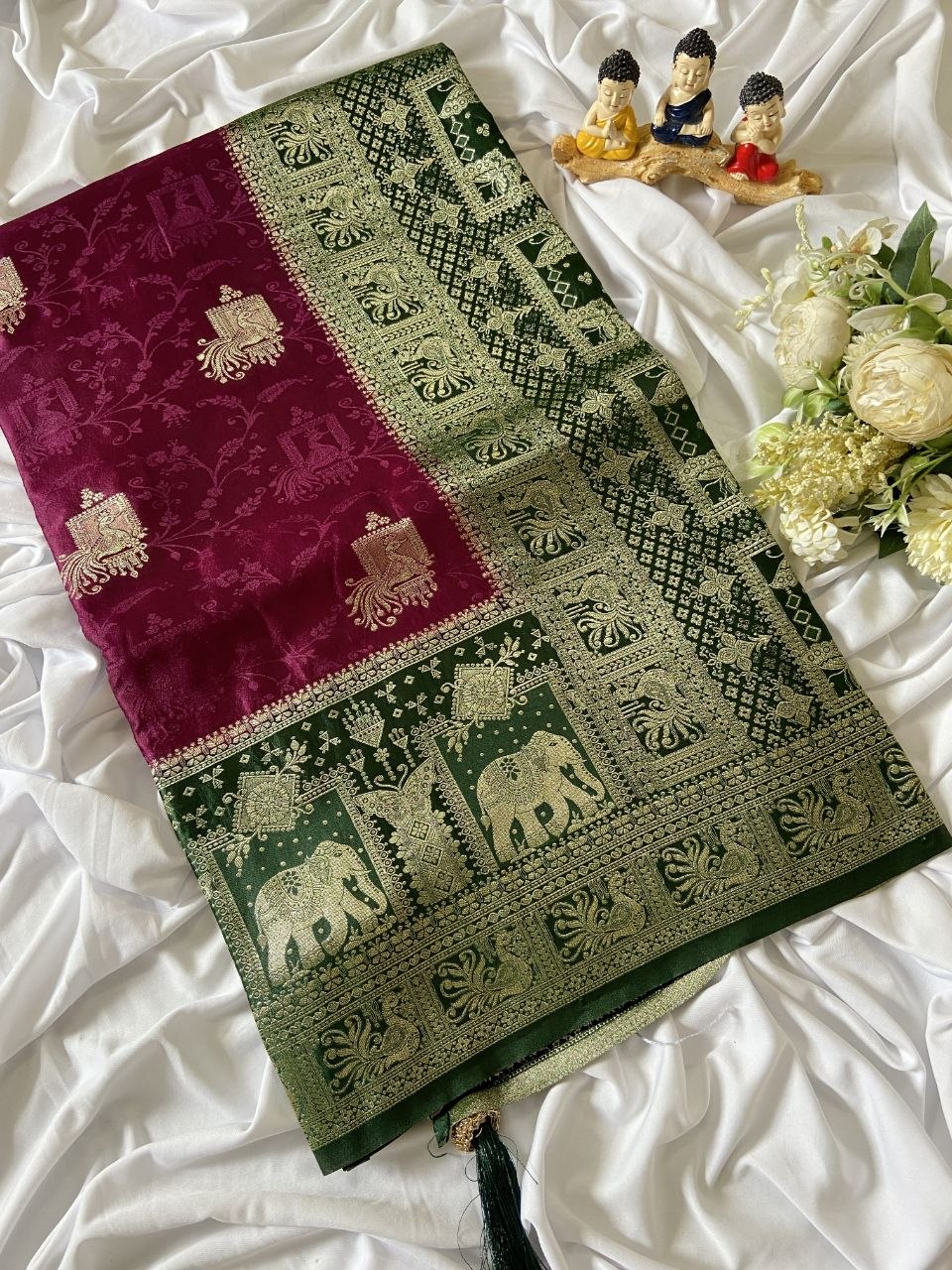 Wine Banarasi Satin Silk Elephant Weave Saree