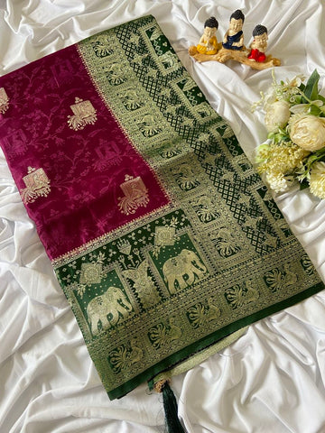 Wine Banarasi Satin Silk Elephant Weave Saree