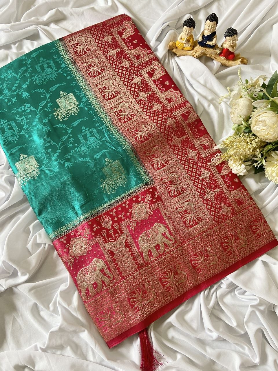 Turquoise Banarasi Satin Silk Elephant Weave Saree
