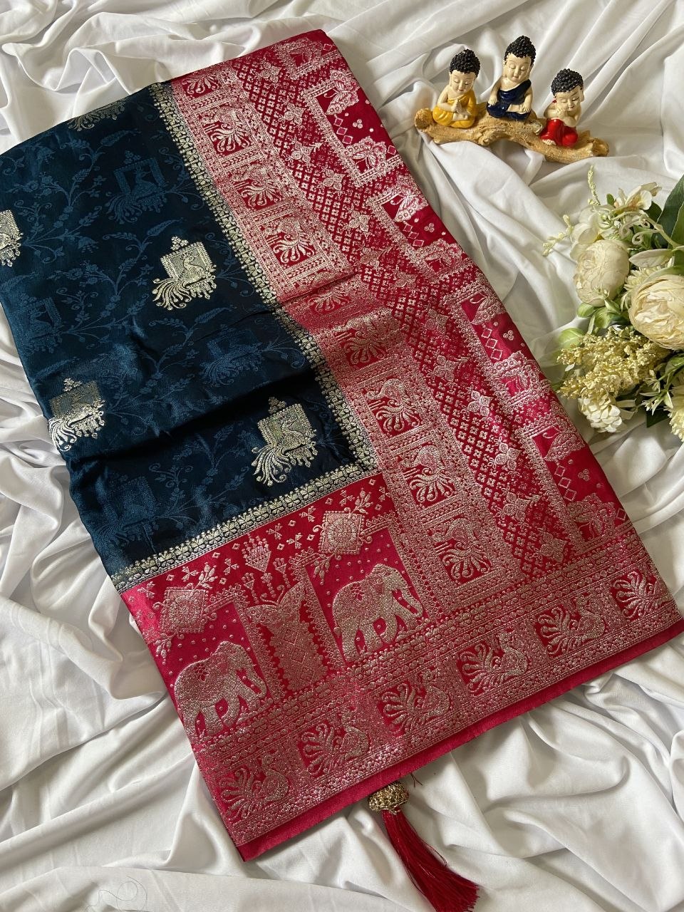 Navy Blue Banarasi Satin Silk Elephant Weave Saree