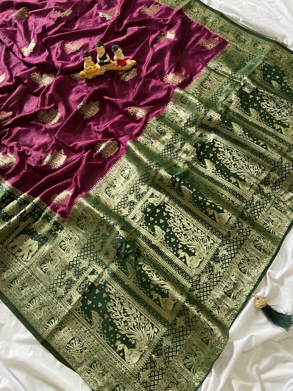 Wine Banarasi Satin Silk Elephant Weave Saree, view 2