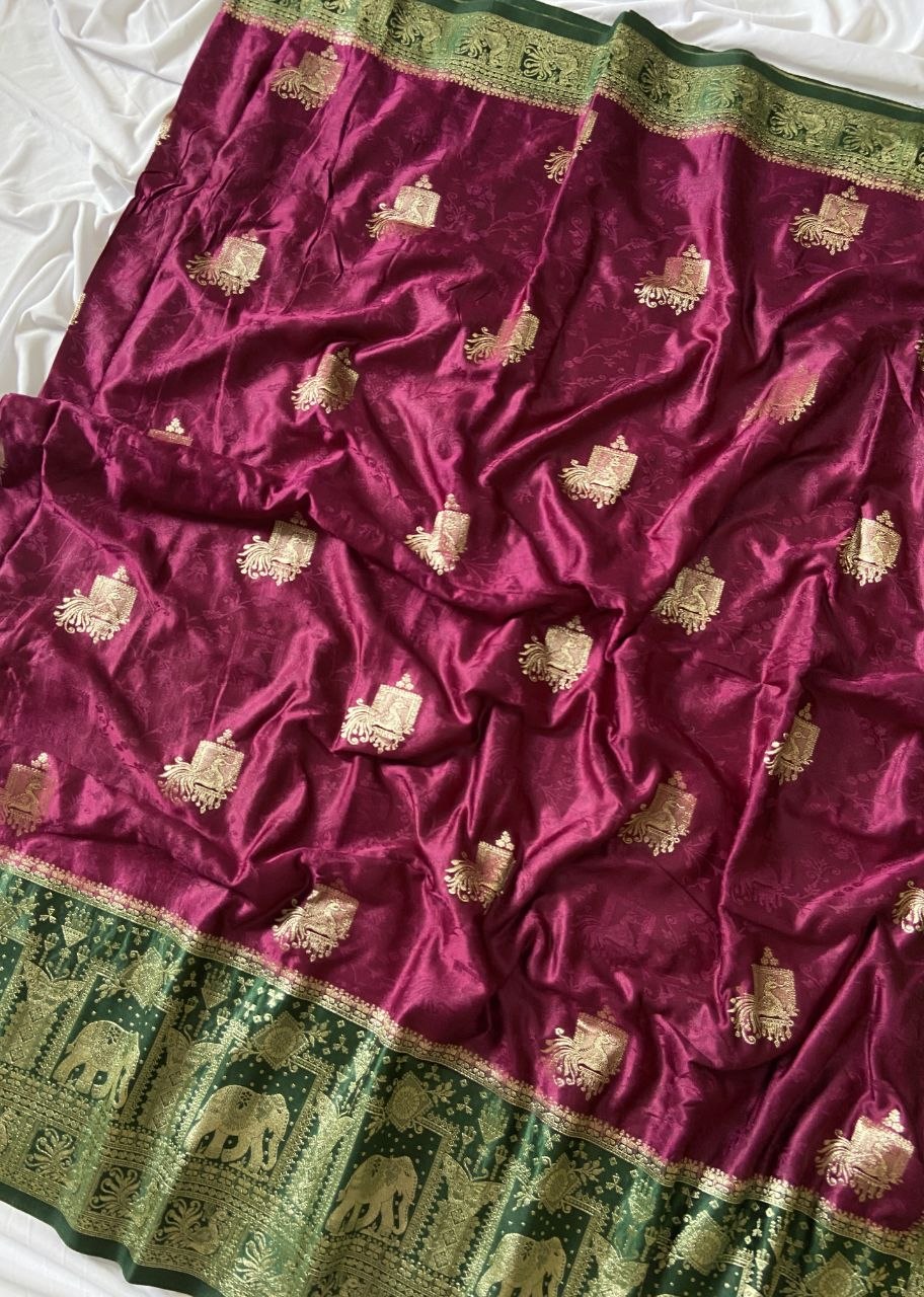 Wine Banarasi Satin Silk Elephant Weave Saree, view 3