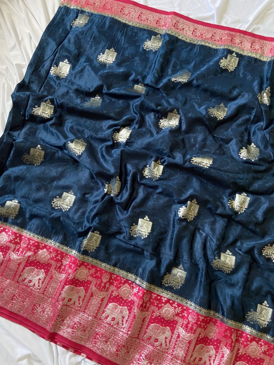 Navy Blue Banarasi Satin Silk Elephant Weave Saree, view 3
