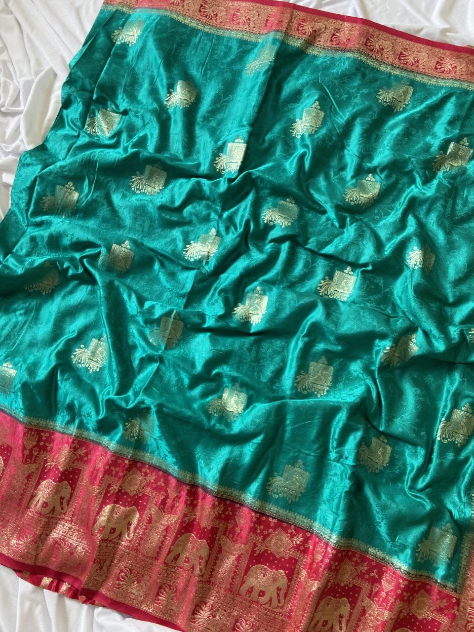 Turquoise Banarasi Satin Silk Elephant Weave Saree, view 3