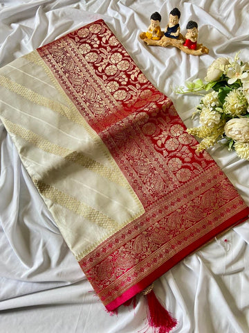 Cream Banarasi Satin Silk Woven Saree