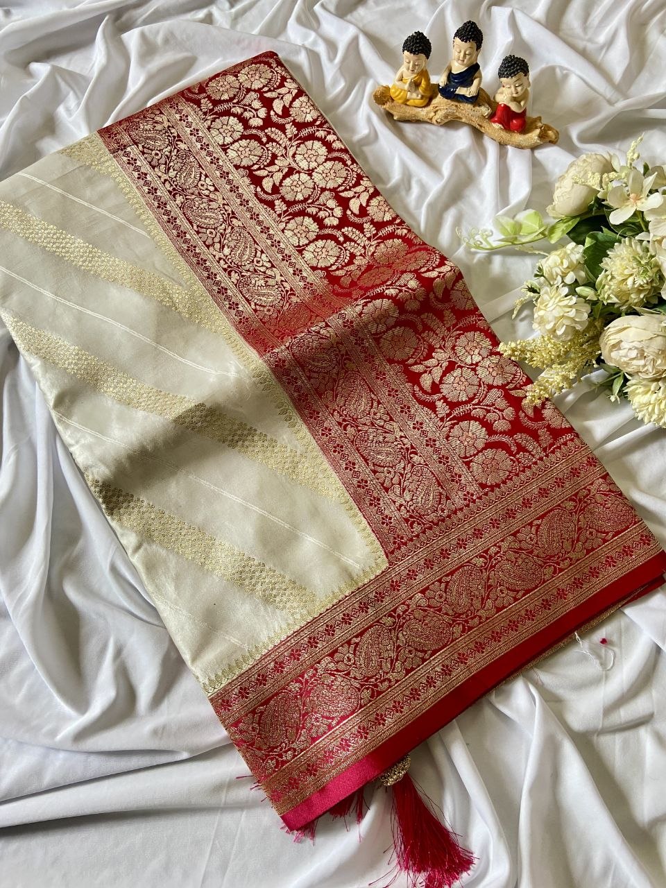 Cream Banarasi Satin Silk Woven Saree