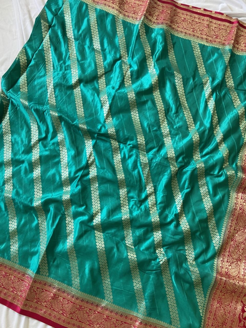 Turquoise Banarasi Satin Silk Woven Saree, view 3