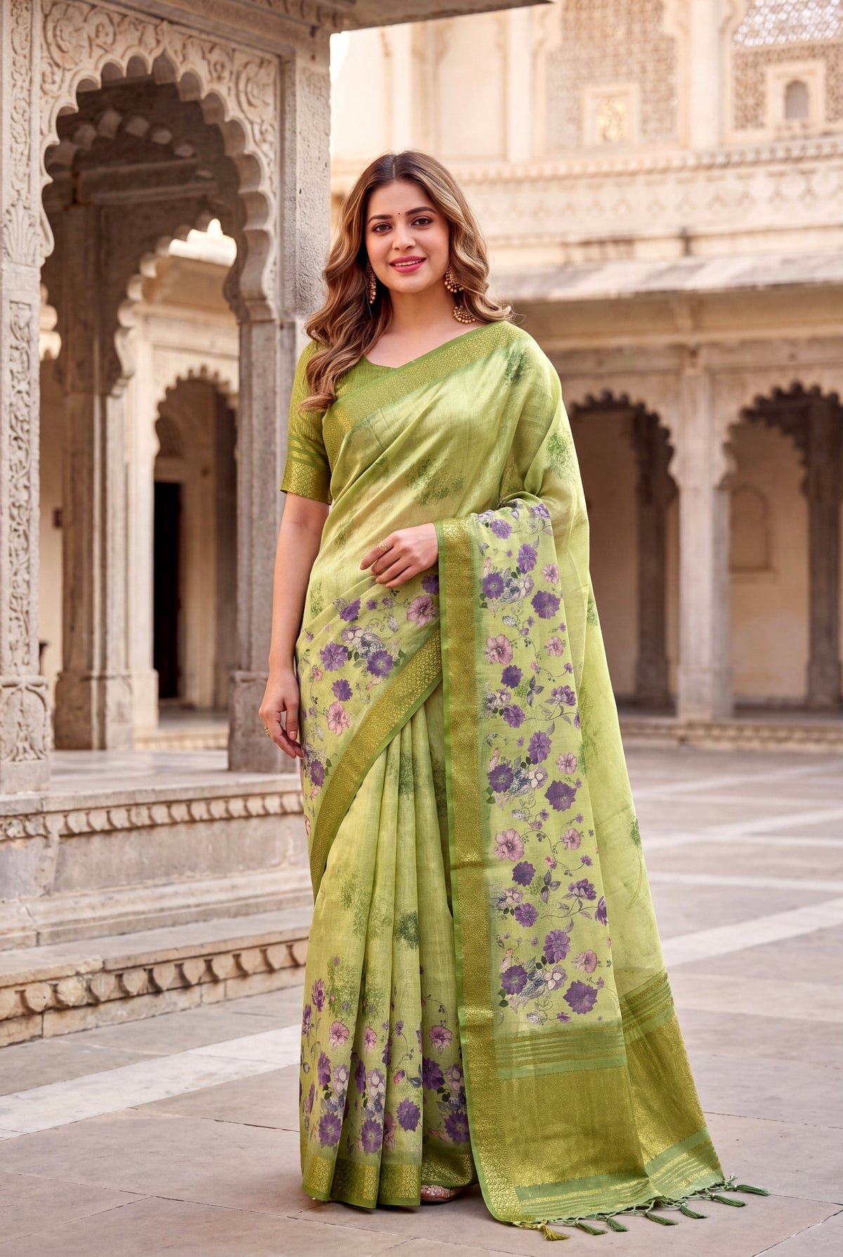 Parrot Green Tissue Silk Printed Saree with Sequin Pallu