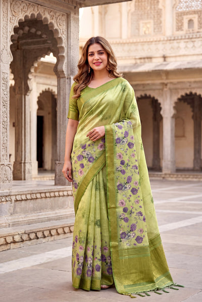 Parrot Green Tissue Silk Printed Saree with Sequin Pallu