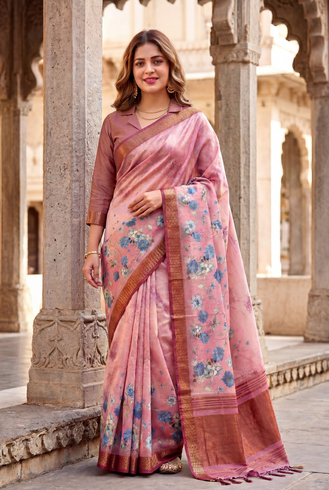 Peach Pink Tissue Silk Printed Saree with Sequin Pallu
