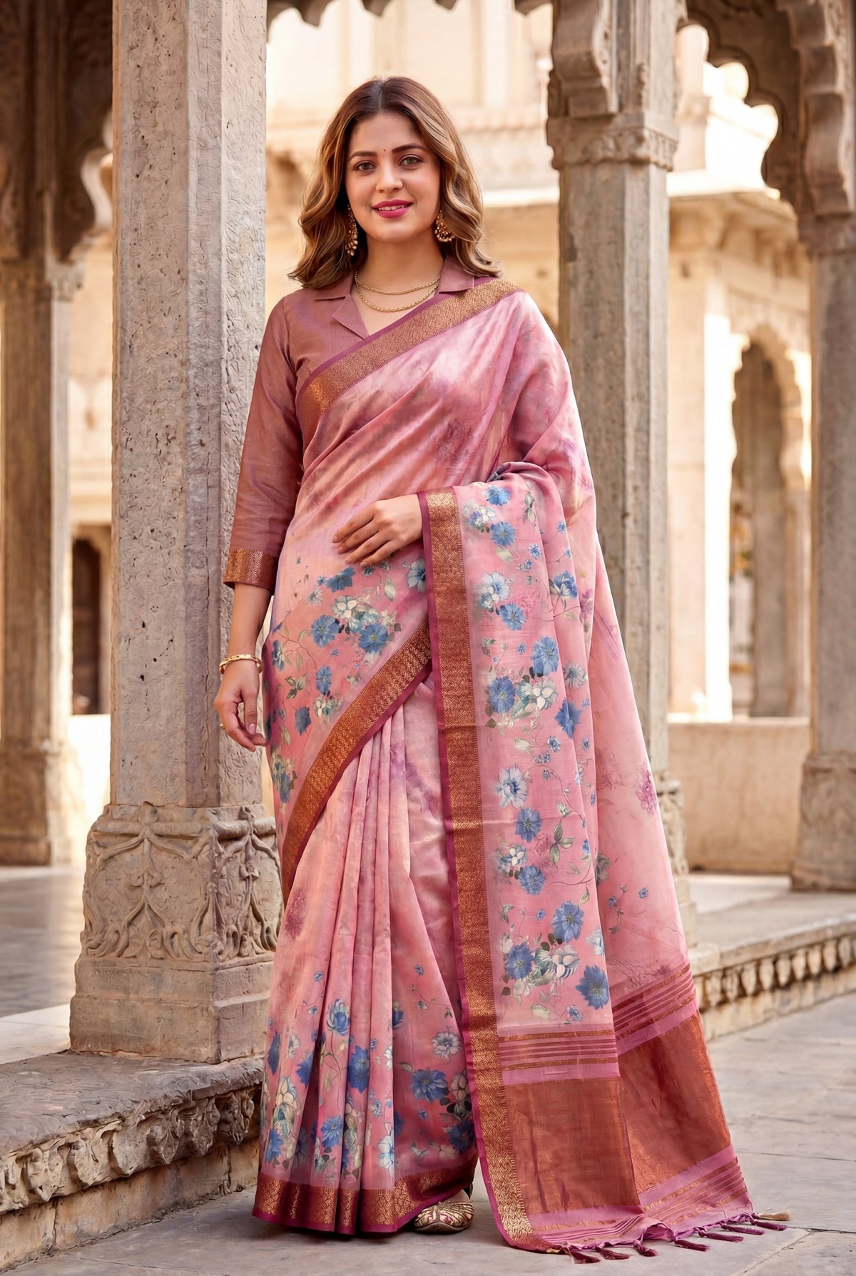 Peach Pink Tissue Silk Printed Saree with Sequin Pallu