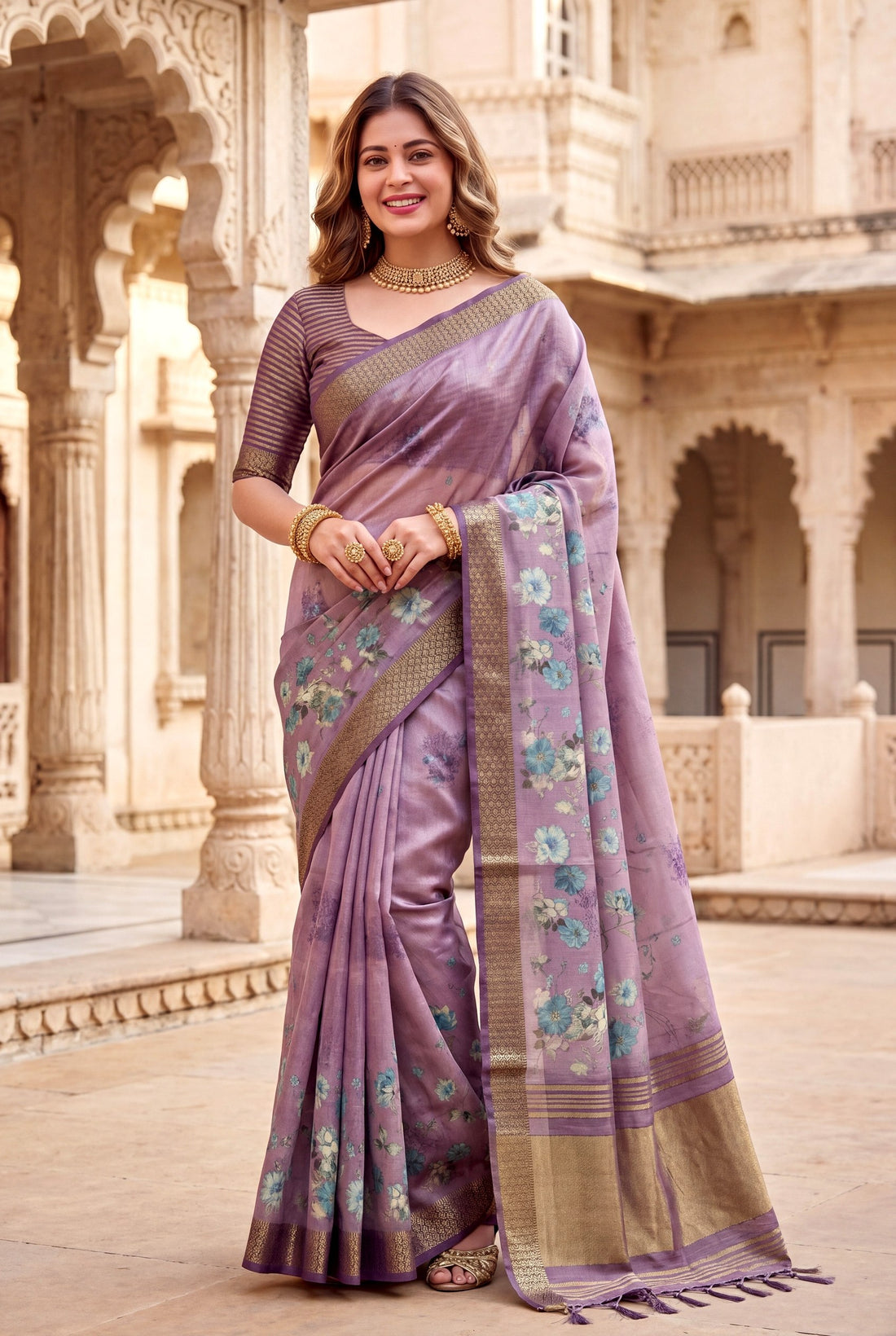 Lavender Tissue Silk Printed Saree with Sequin Pallu