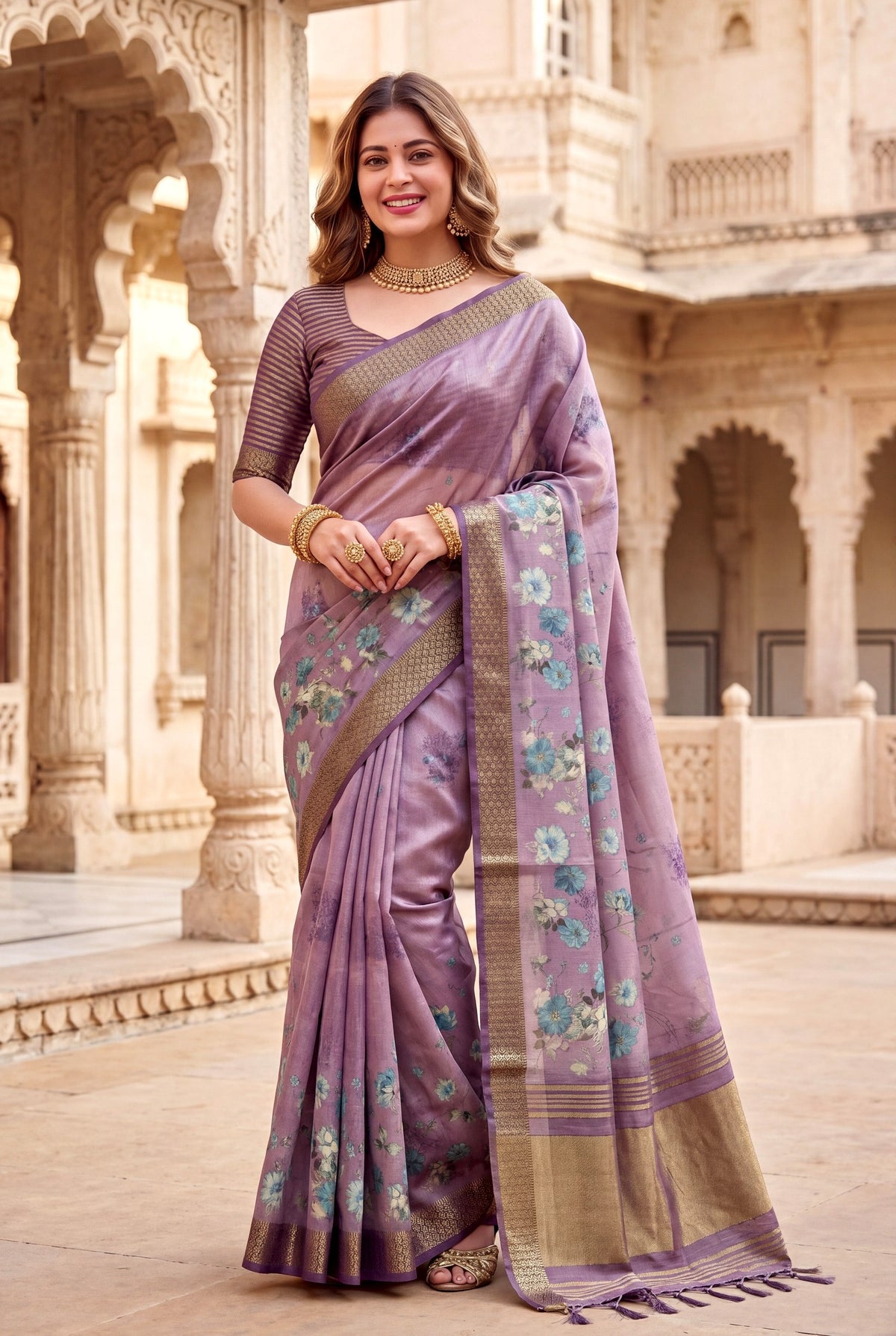 Lavender Tissue Silk Printed Saree with Sequin Pallu