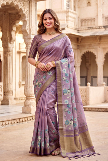 Lavender Tissue Silk Printed Saree with Sequin Pallu