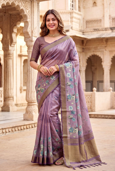Lavender Tissue Silk Printed Saree with Sequin Pallu