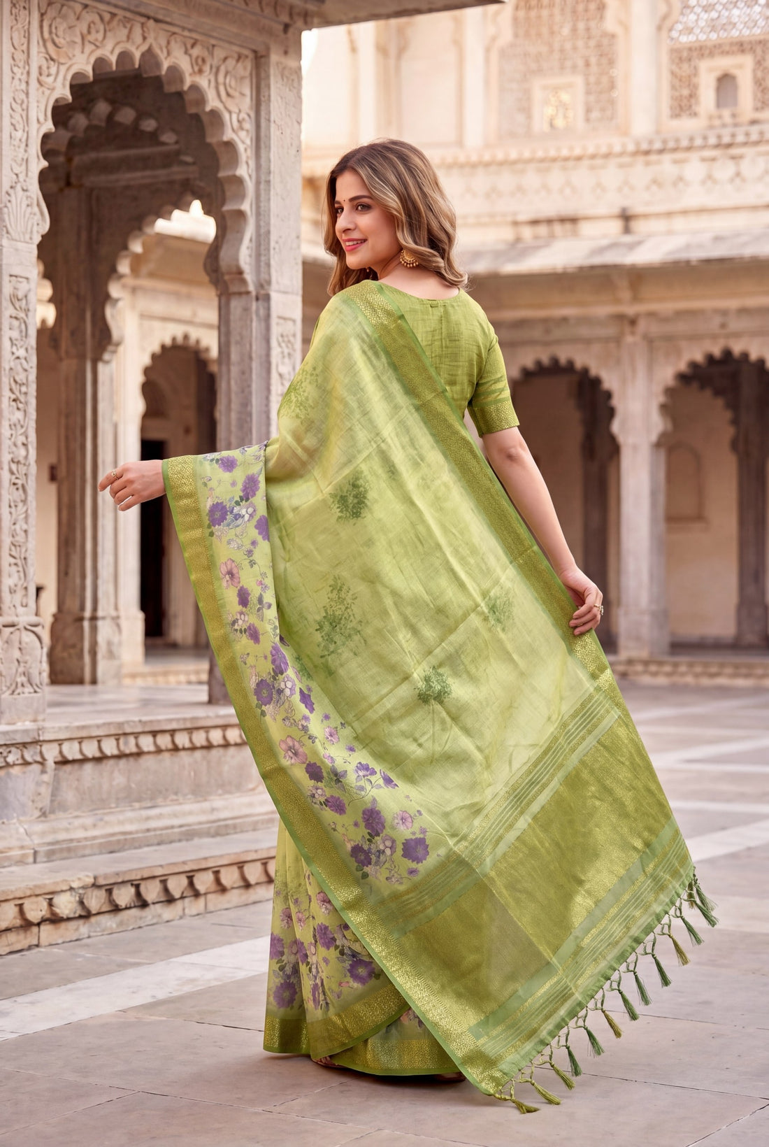 Parrot Green Tissue Silk Printed Saree with Sequin Pallu