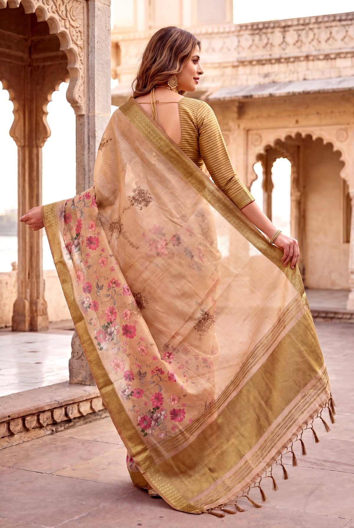 Beige Gold Tissue Silk Printed Saree with Sequin Pallu