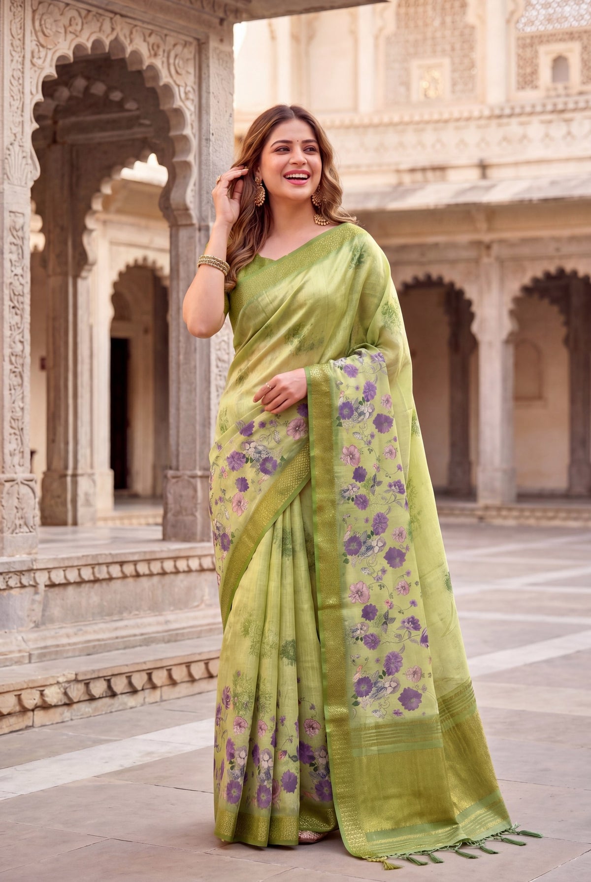 Parrot Green Tissue Silk Printed Saree with Sequin Pallu, view 3
