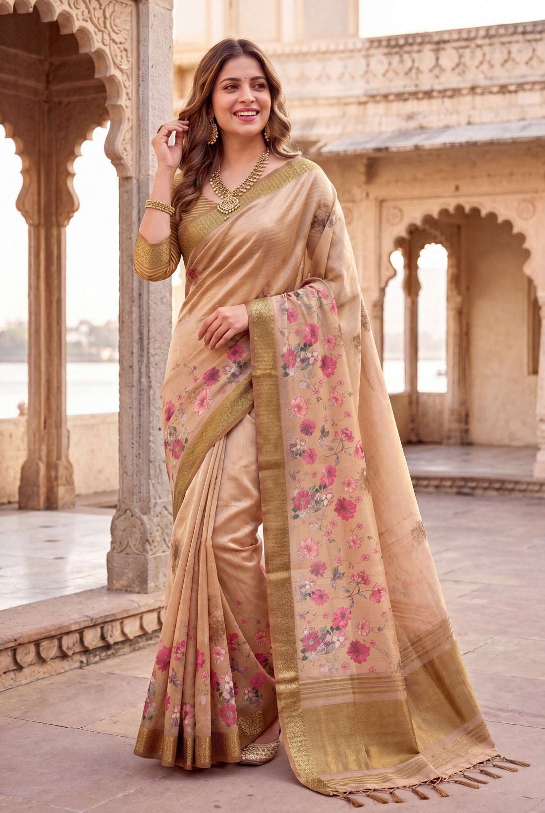 Beige Gold Tissue Silk Printed Saree with Sequin Pallu