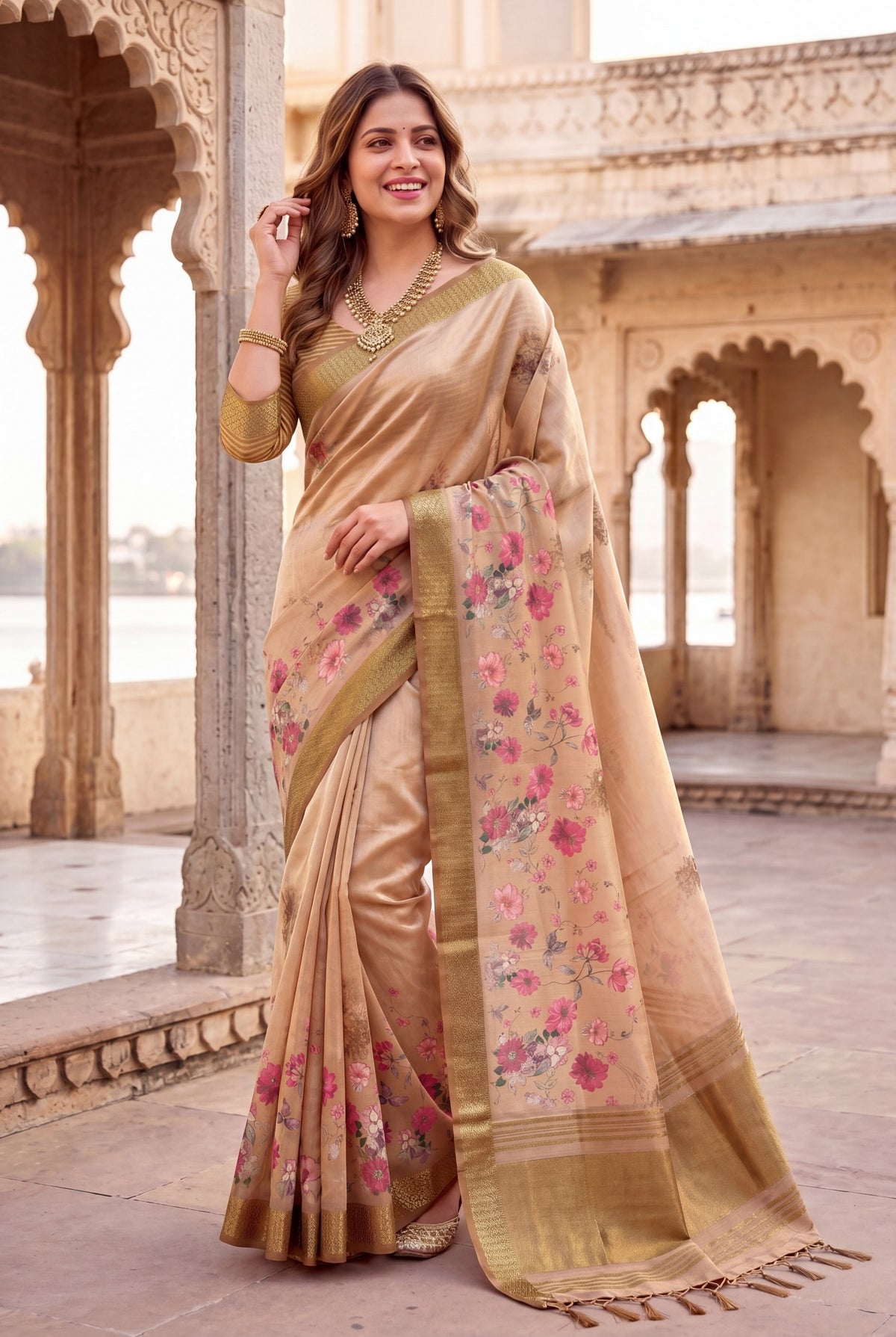 Beige Gold Tissue Silk Printed Saree with Sequin Pallu, view 2