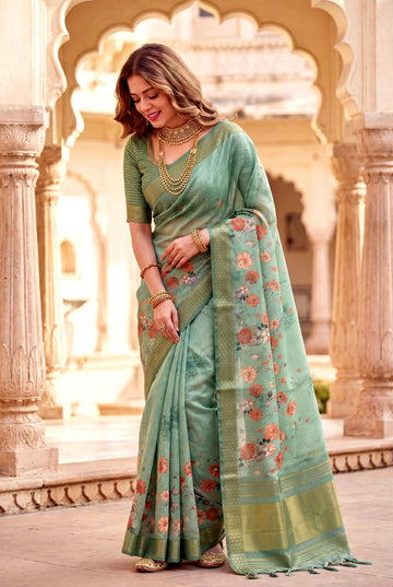 Sea Green Tissue Silk Printed Saree with Sequin Pallu