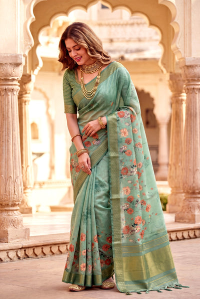 Sea Green Tissue Silk Printed Saree with Sequin Pallu