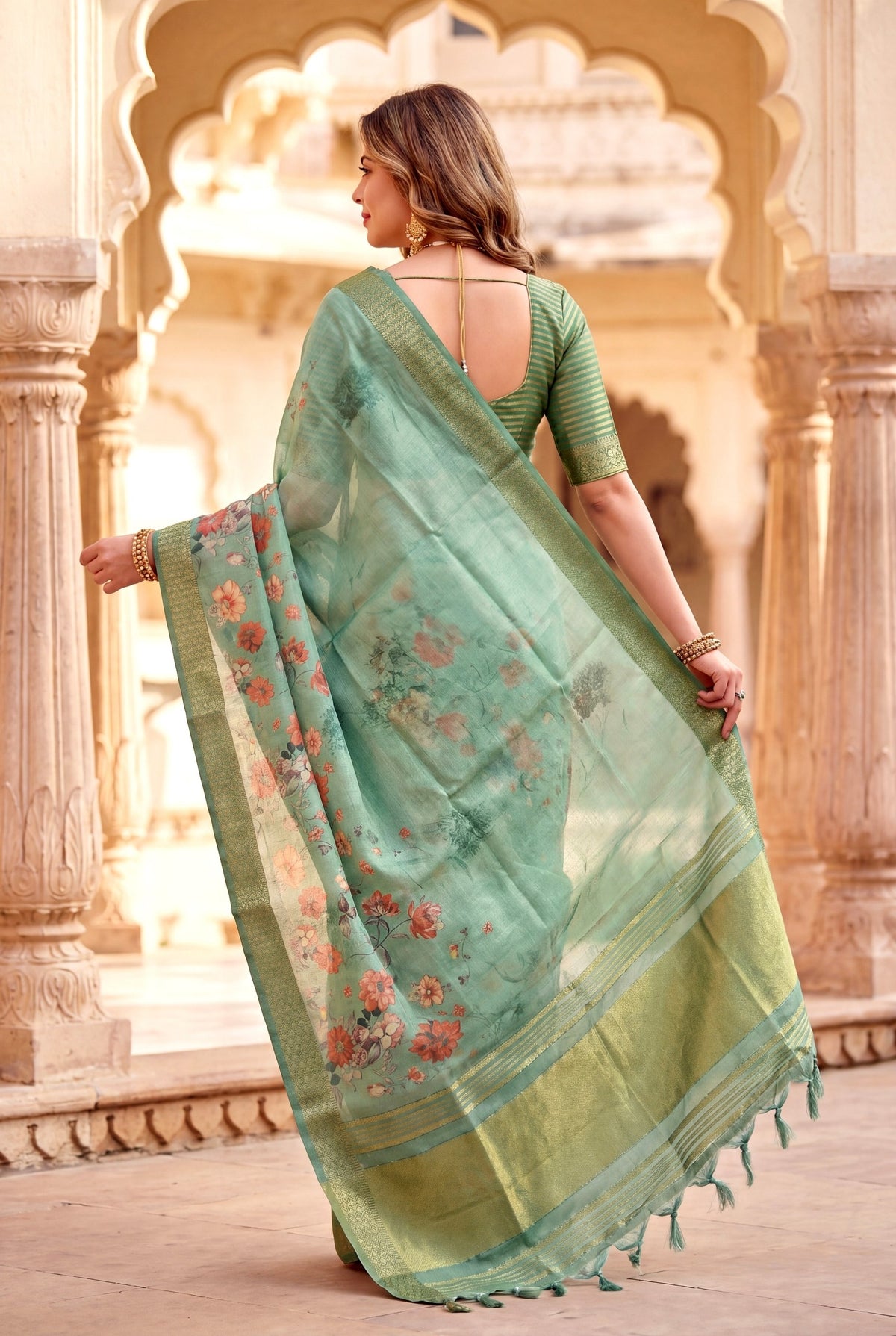 Sea Green Tissue Silk Printed Saree with Sequin Pallu, view 2