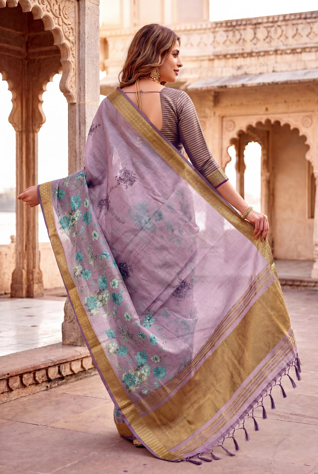 Lavender Tissue Silk Printed Saree with Sequin Pallu