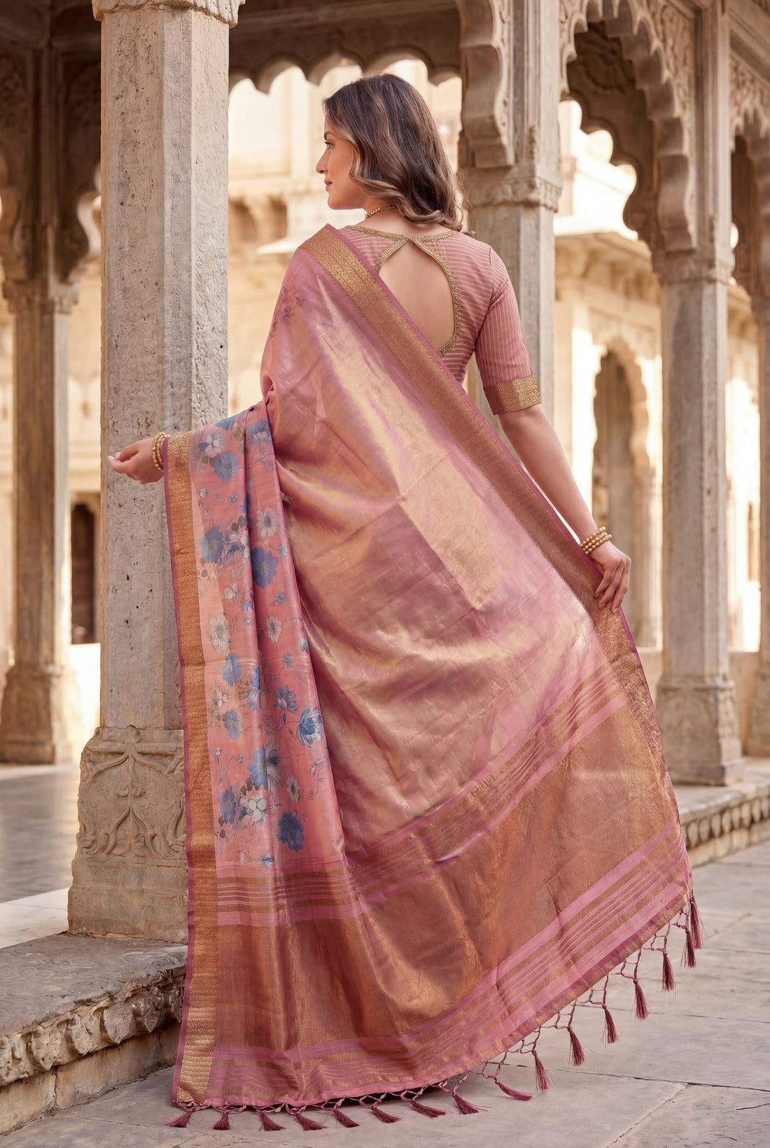 Peach Pink Tissue Silk Printed Saree with Sequin Pallu
