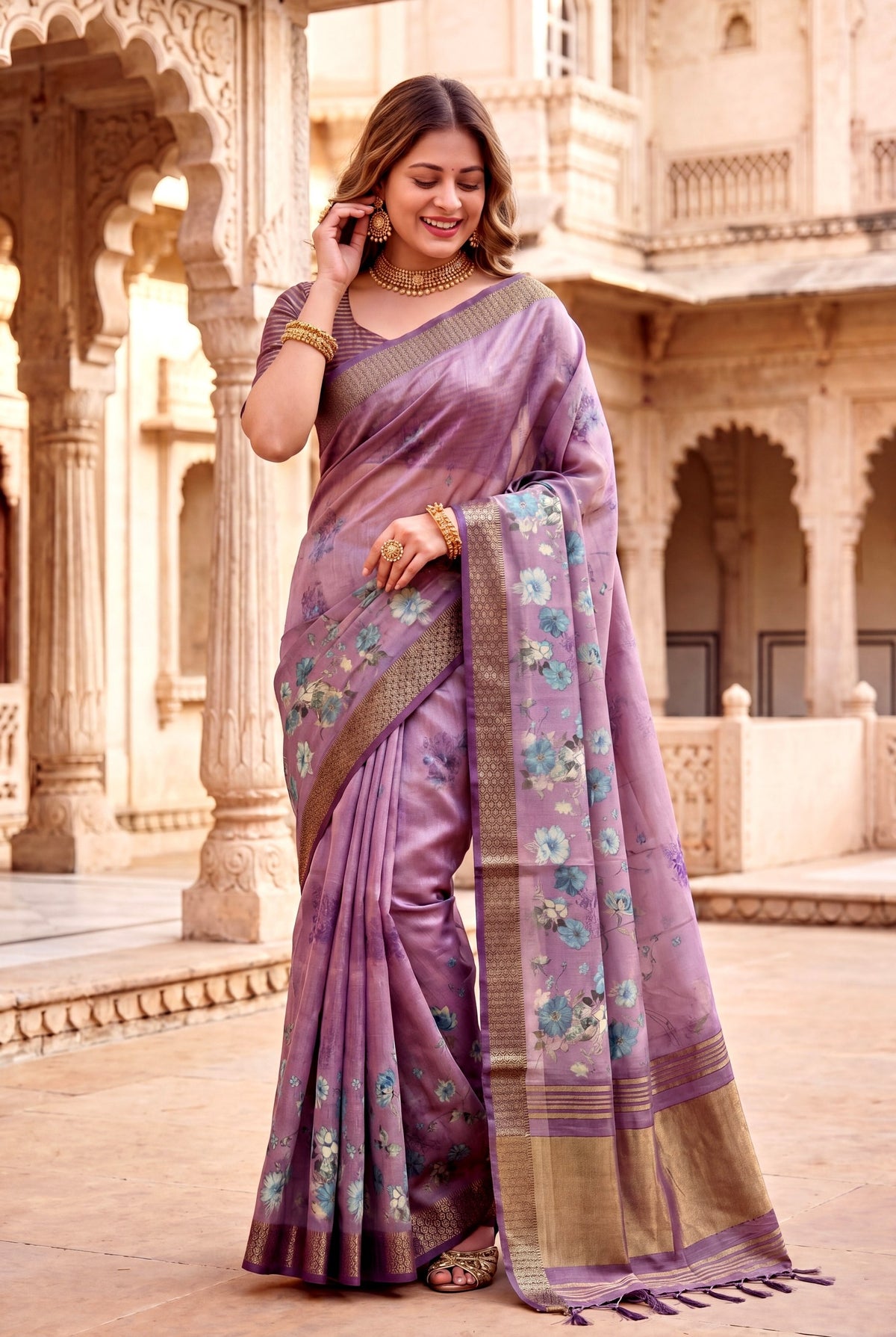 Lavender Tissue Silk Printed Saree with Sequin Pallu, view 3
