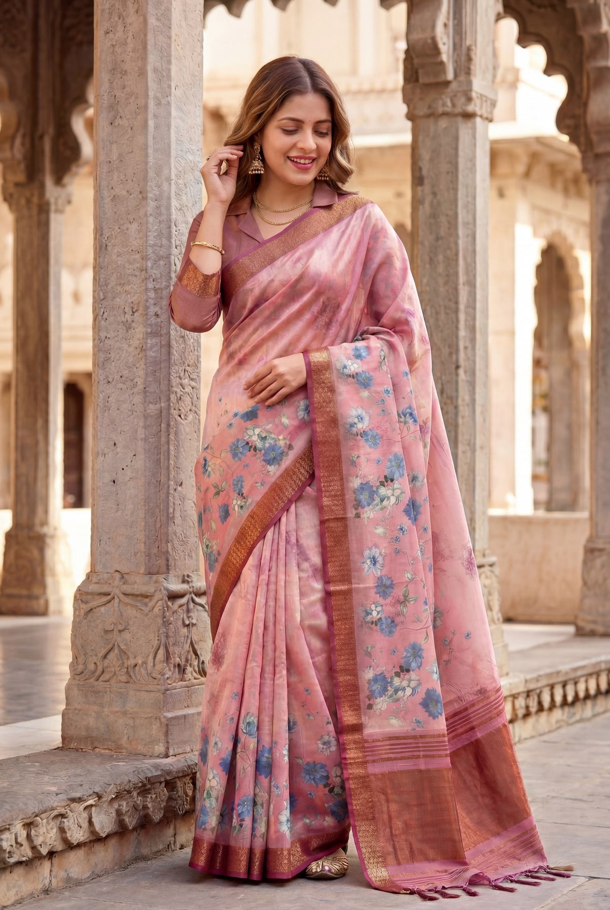 Peach Pink Tissue Silk Printed Saree with Sequin Pallu, view 3