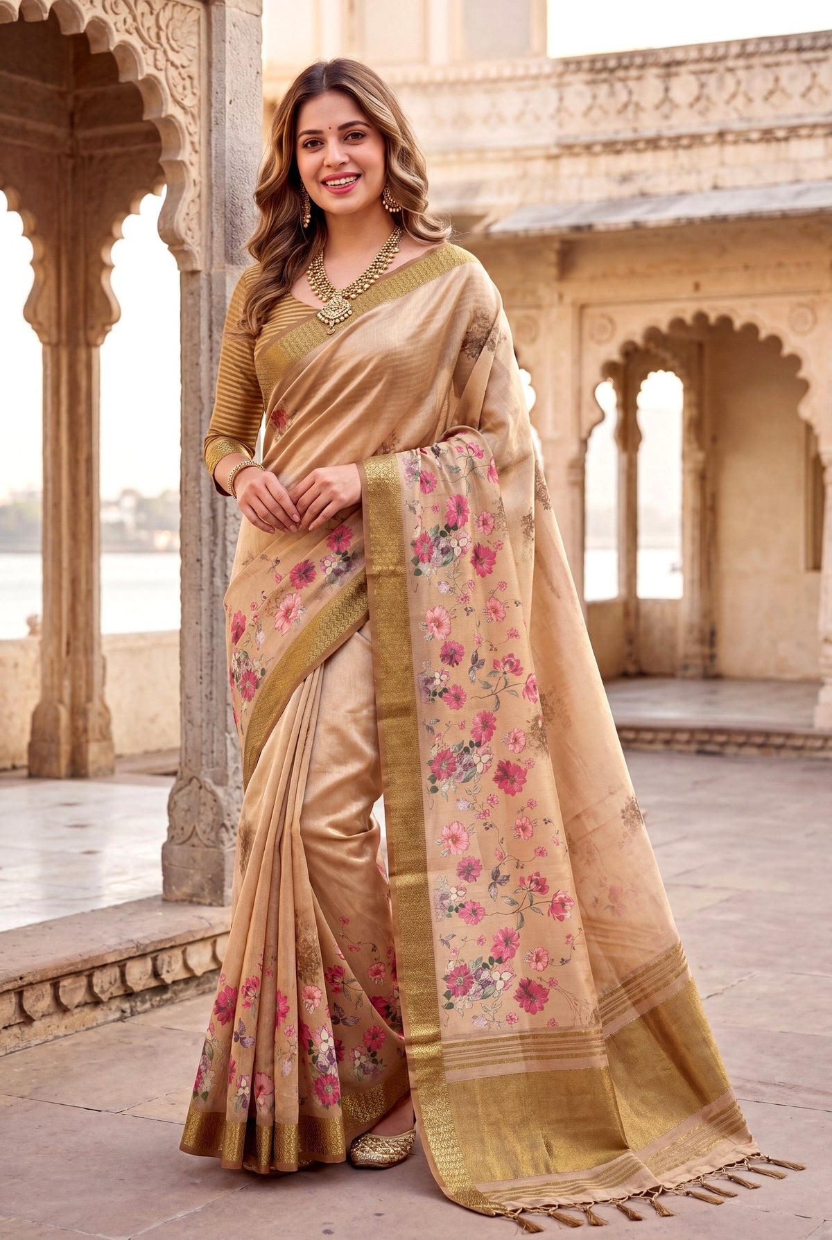 Beige Gold Tissue Silk Printed Saree with Sequin Pallu, view 3