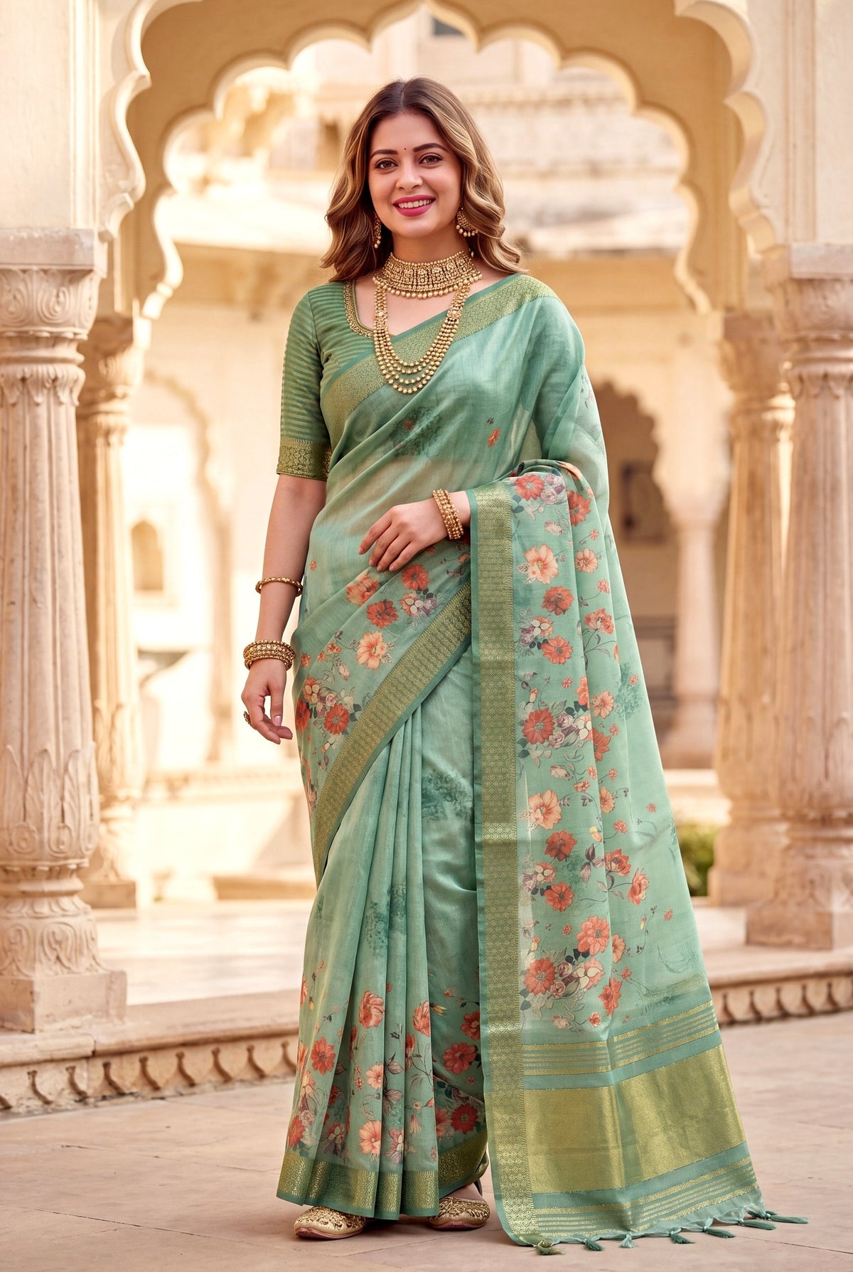 Sea Green Tissue Silk Printed Saree with Sequin Pallu, view 3