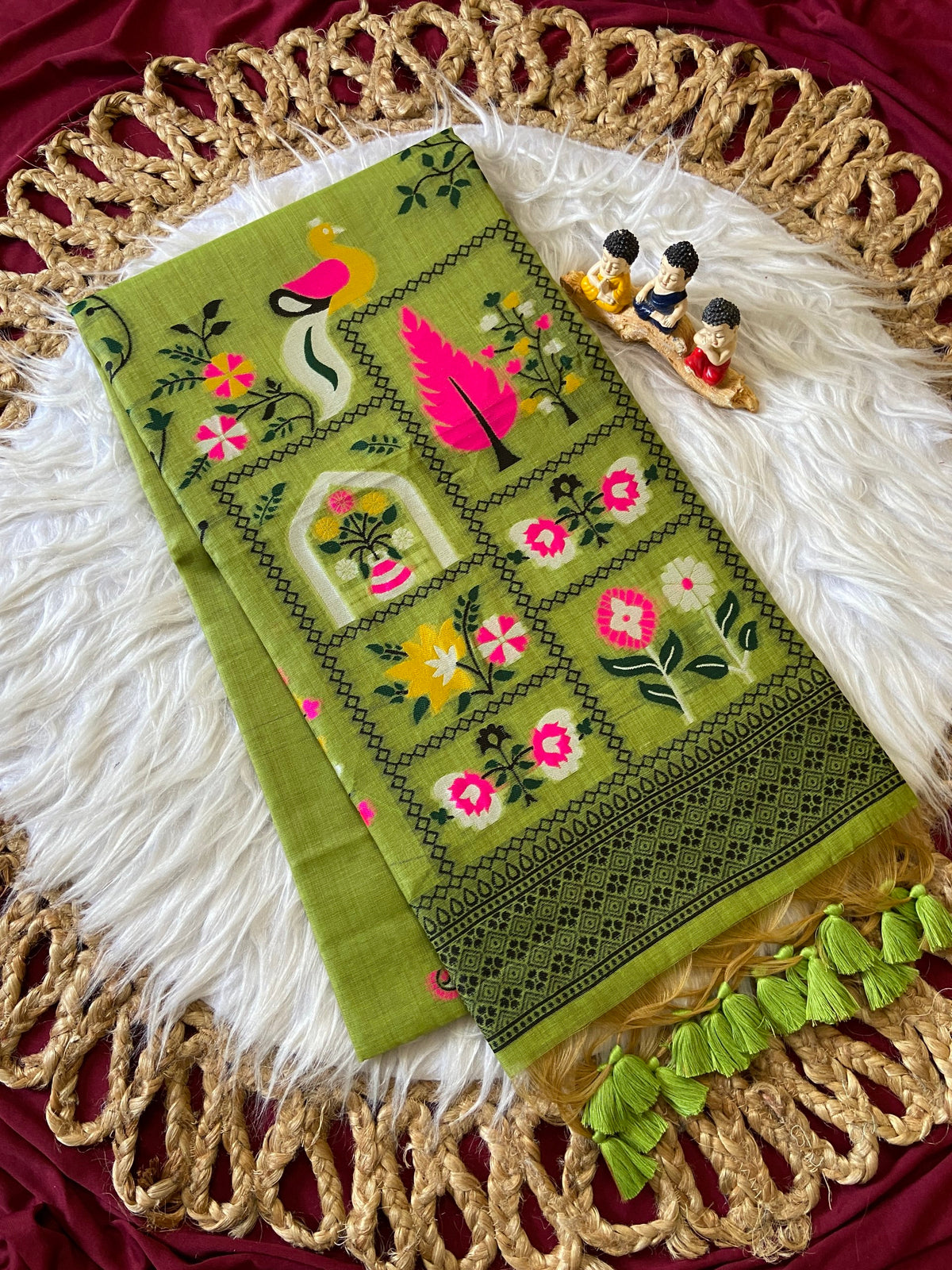 Parrot Green Jamdani Cotton Peacock Pallu Saree